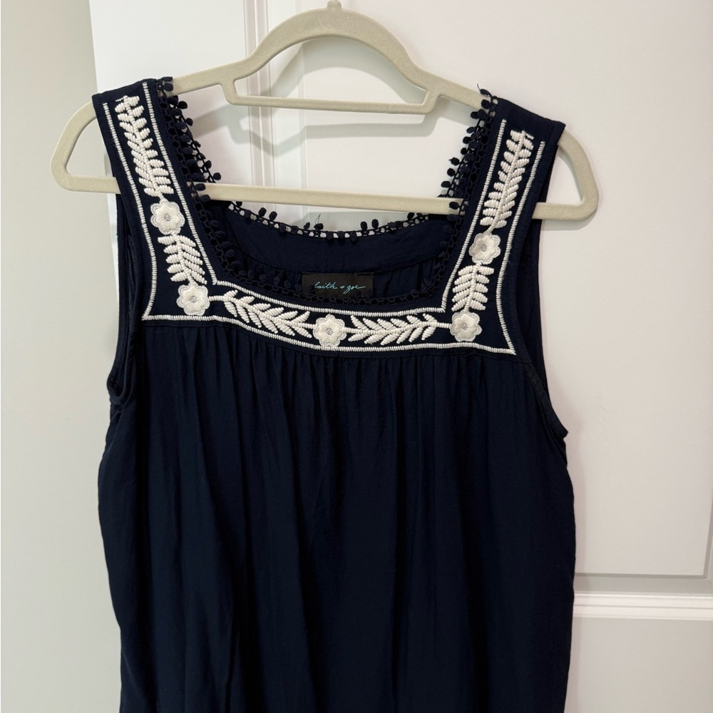 Faith & Zoe Navy Top with Cream Embroidery